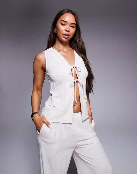Missyempire linen look pocket detail open tie front top in cream - part of a set - view 1
