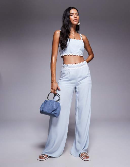 Missyempire linen look scallop edge square neck top and wide leg pants set in baby blue