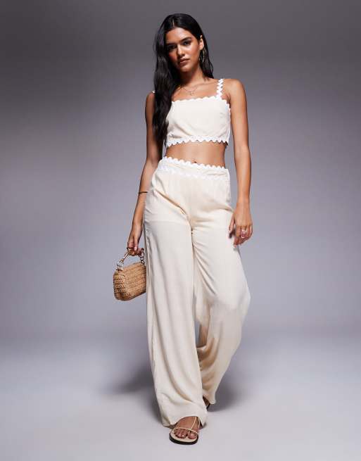 Missyempire linen look scallop edge square neck top and wide leg pants set in beige