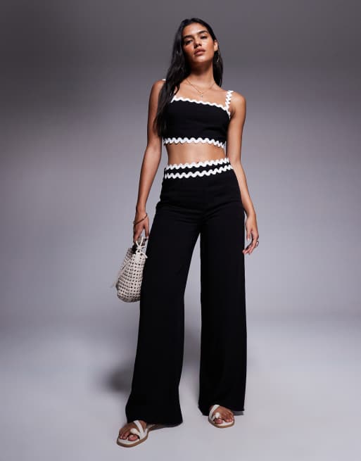 Missyempire linen look scallop edge square neck top and wide leg pants set in black