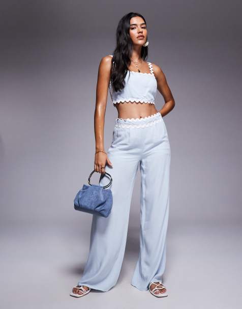 Missyempire linen look scallop edge square neck top and wide leg trouser co-ord in baby blue - view 1