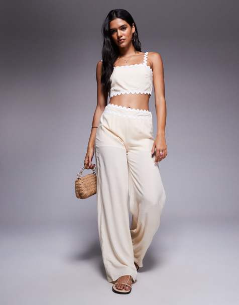 Missyempire linen look scallop edge square neck top and wide leg trouser co-ord in beige - view 1