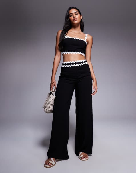 Missyempire linen look scallop edge square neck top and wide leg trouser co-ord in black - view 1