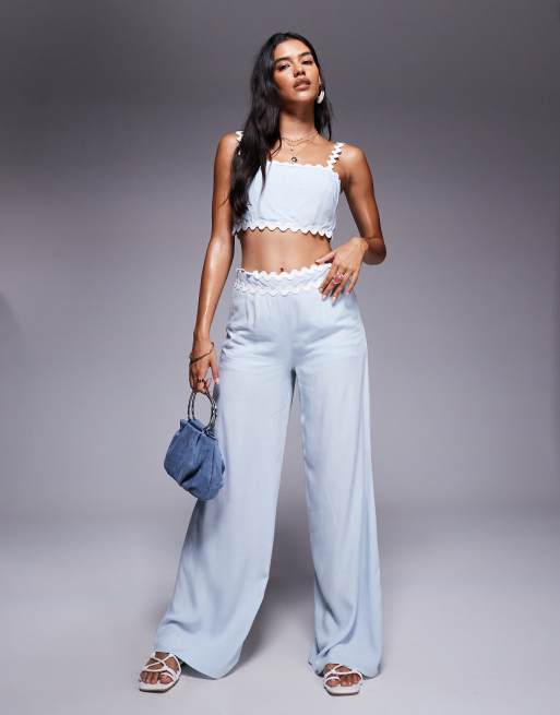 Missyempire linen look scallop trim waist detail wide leg trousers co-ord in baby blue