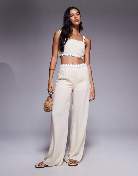Missyempire linen look scallop trim waist detail wide leg trousers co-ord in beige - view 1