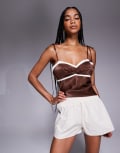 [Missyempire] Missyempire linen look shirred waist boxer shorts in cream-Neutral 6 BEIGE