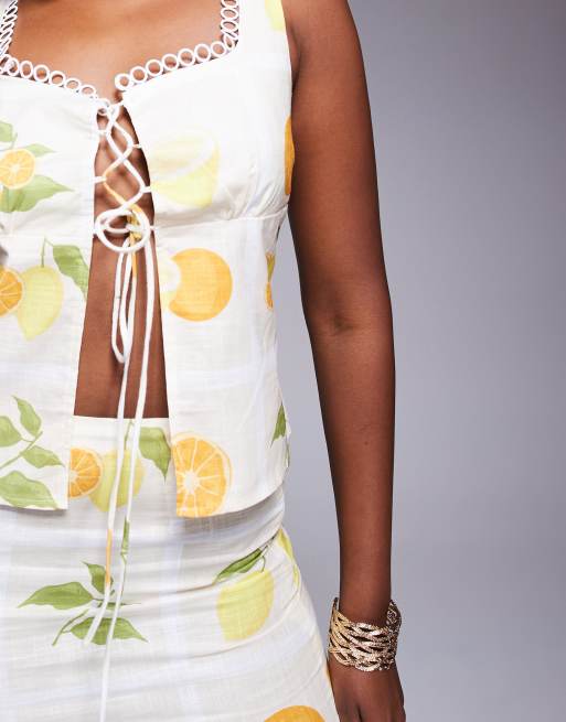 Missyempire linen look square neck lace up split front top co-ord in white lemon print, 3 of 4