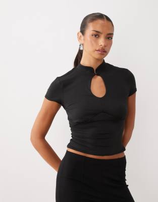 Missyempire Mandarin Collar Keyhole Front Top In Black