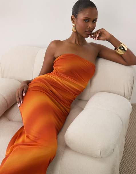 Missyempire maxi-jurk met mesh overlay en bandeau in oranje ombre - view 1