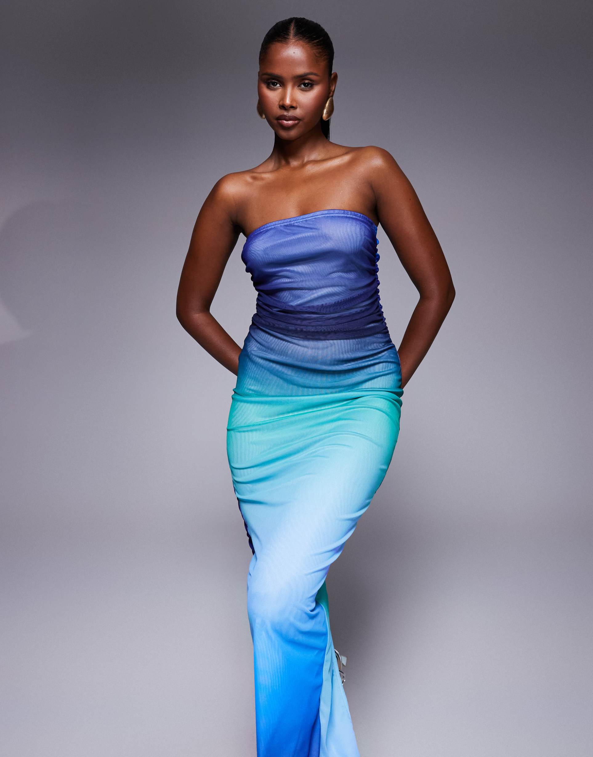 missyempire mesh bandeau maxi dress in blue ombre