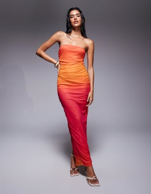 mesh bandeau ruched side detailing maxi dress in orange ombre