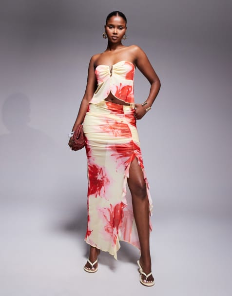 Missyempire mesh bandeau split front top and maxi skirt co-ord in yellow & pink flower print - view 1