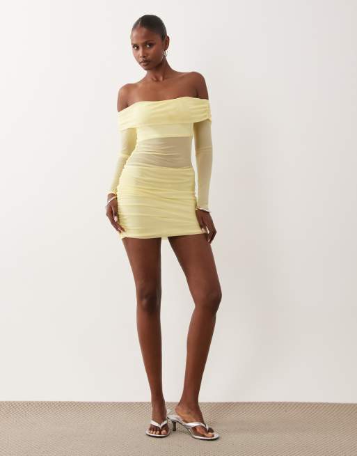 Missyempire mesh bardot long sleeve mini dress in yellow, 2 of 4