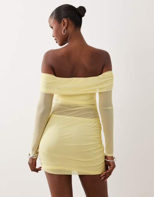 Missyempire mesh bardot long sleeve mini dress in yellow, 4 of 4