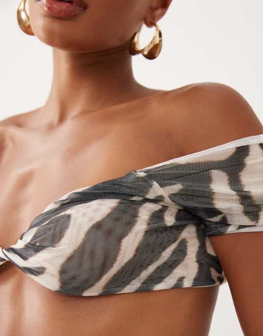 Missyempire mesh bardot twist front cropped top co-ord in black & white zebra print, 2 of 4