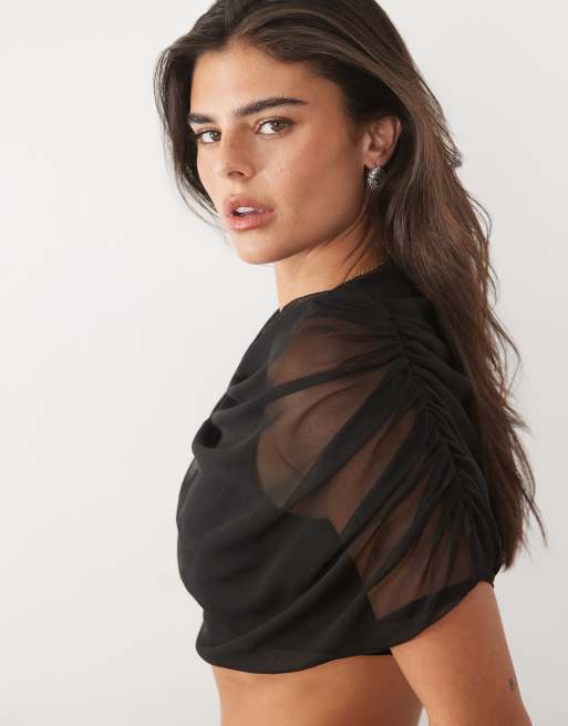 Missyempire mesh drape detail crop top co-ord in black, 2 of 4