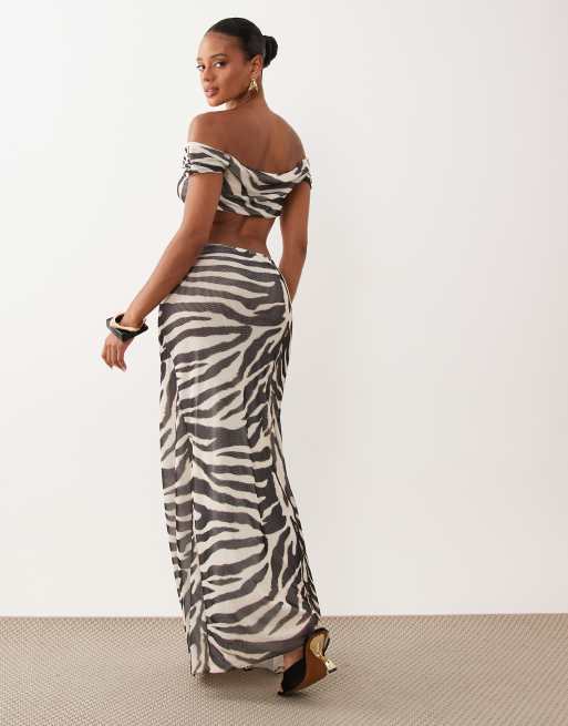 Missyempire mesh drape front maxi skirt in black & white zebra print - part of a set, 5 of 5
