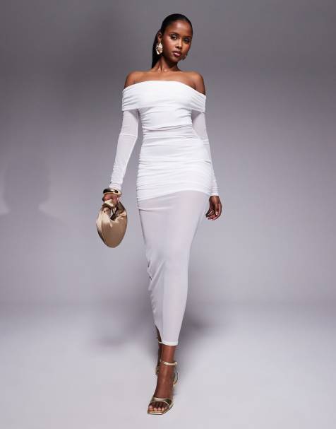 Missyempire mesh insert bardot maxi dress in white - view 1