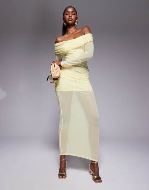 Missyempire mesh insert bardot maxi dress in yellow - view 1