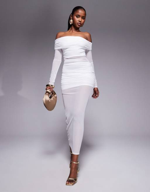 Missyempire mesh insert off the shoulder maxi dress in white