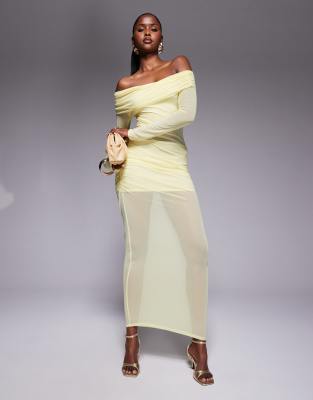 mesh insert off the shoulder maxi dress in yellow