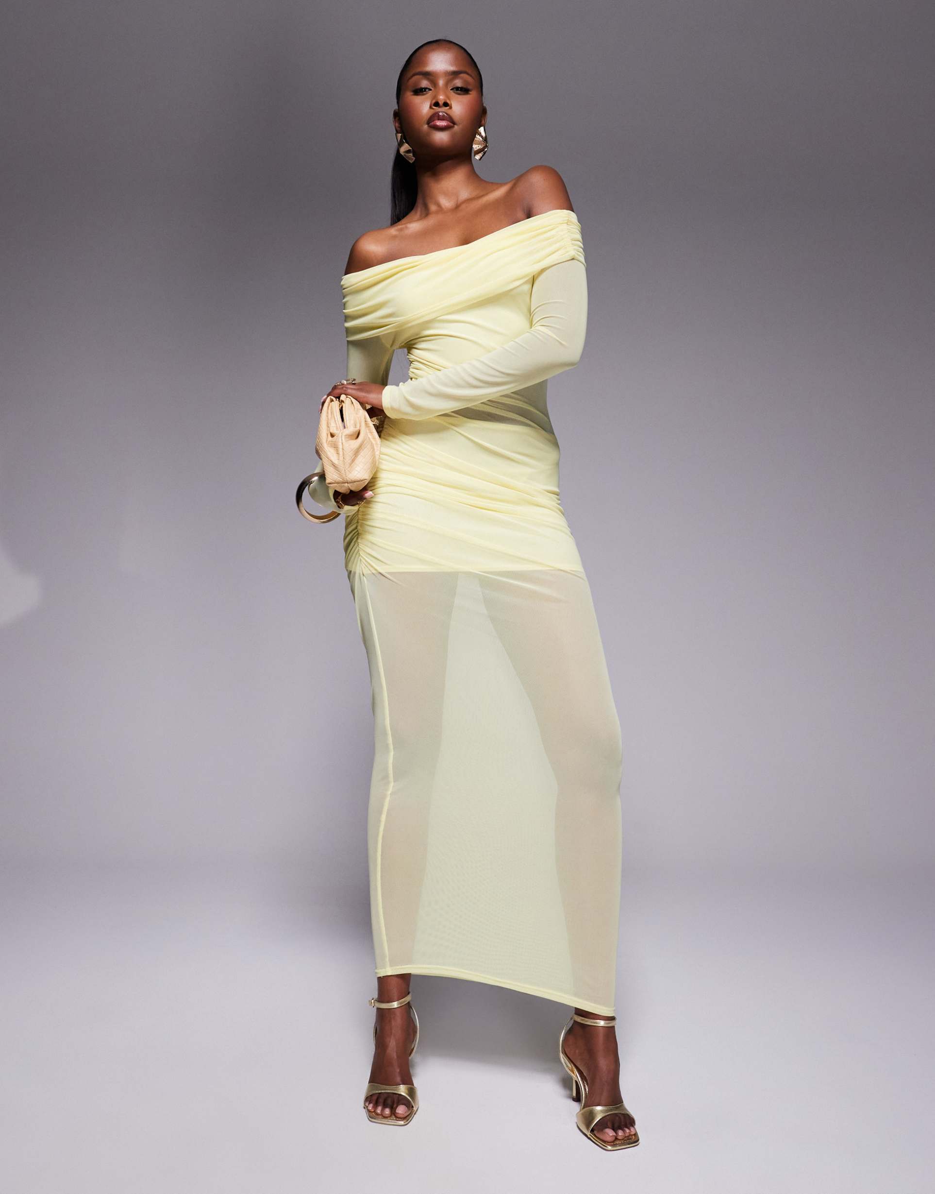 missyempire mesh insert off the shoulder maxi dress in yellow