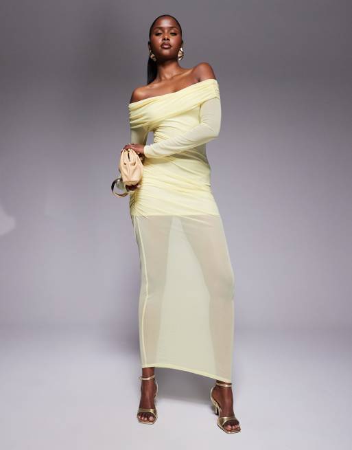 Missyempire mesh insert off the shoulder maxi dress in yellow