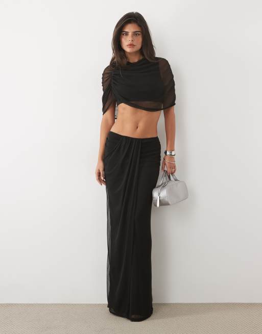 Missyempire mesh drape detail crop top and overlay drape detail maxi skirt co-ord in black, 3 of 3