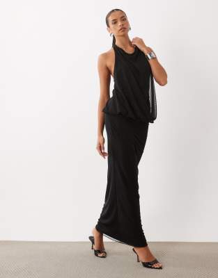 Missyempire Mesh Overlay Drape Front Halterneck Maxi Dress In Black