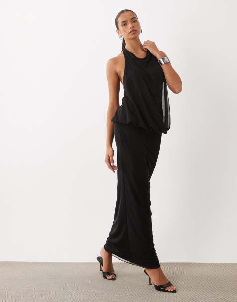 Missyempire mesh overlay drape front halterneck maxi dress in black - view 1