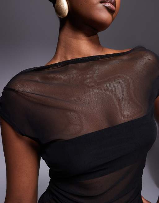 Missyempire mesh panel asymmetric top in black, 3 of 4