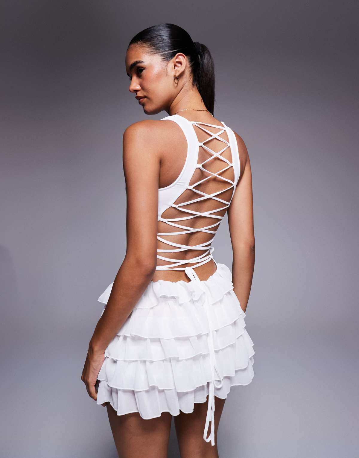 Missyempire mesh panel lace up back detail ruffle mini dress in white