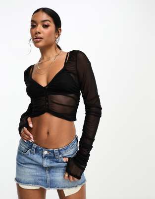 Missyempire mesh ruched cardigan in black