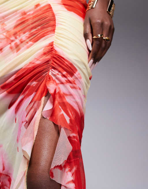 Missyempire mesh ruched side ruffle split maxi skirt co-ord in yellow & pink flower print, 5 of 5