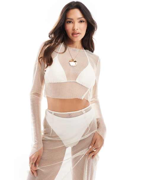 Missyempire metallic mesh long sleeve beach top co-ord in light beige - view 1