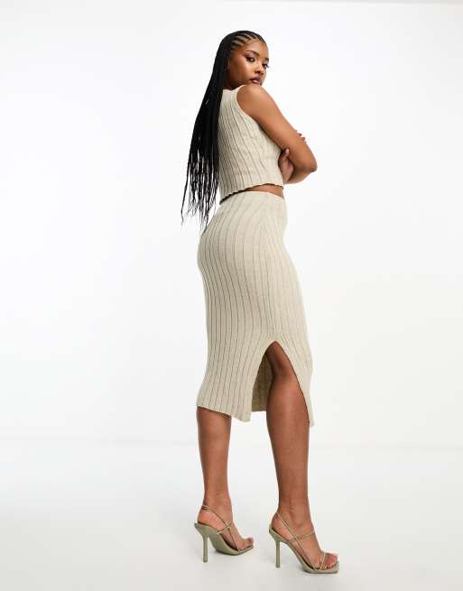 Missyempire – Midi-Strickrock in Steinbeige mit Seitenschlitz, Kombiteil