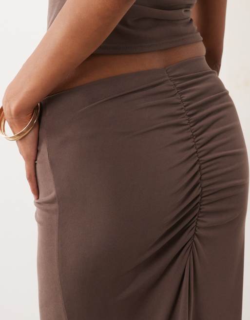 Missyempire modal ruched front detail maxi skirt co-ord in chocolate, 3 of 5