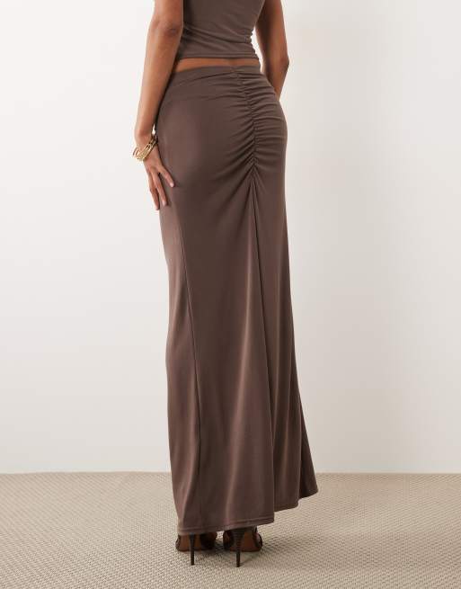 Missyempire modal ruched front detail maxi skirt co-ord in chocolate, 4 of 5