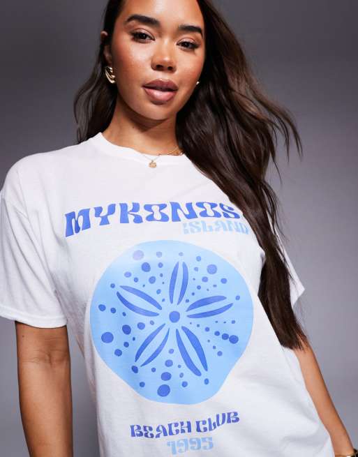 Missyempire 'Mykonos' beach club graphic oversized t-shirt in white, 4 of 4