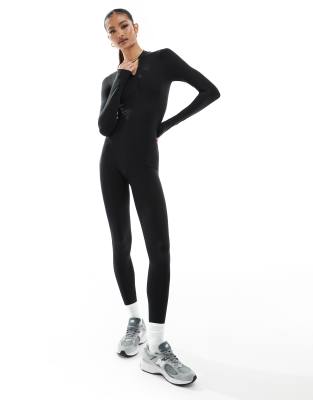 Missyempire - Nahtloser, sportlicher Jumpsuit in Schwarz mit Reißverschlussdetail