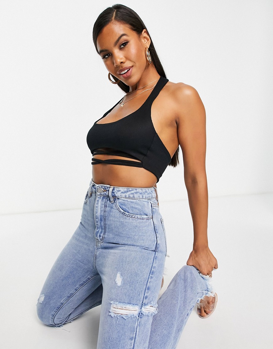 Missyempire not so basic exclusive crop top with wrap detail in black