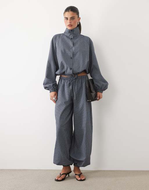 Missyempire nylon high neck bubble hem jacket and pants set in blue check, 2 of 3