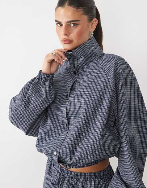 Missyempire nylon high neck bubble hem jacket in blue check (part of a set) - view 1