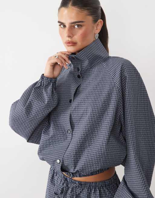 Missyempire nylon high neck bubble hem jacket and pants set in blue check, 3 of 3