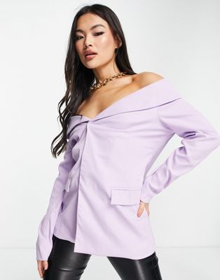 Missyempire off the shoulder tailored blazer co-ord in lilac
