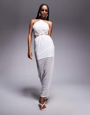 Missyempire Missyempire open knit halterneck ring detail beach maxi dress in white-Blue