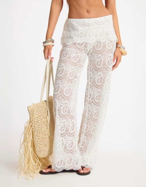 Missyempire Paisley crochet fold over straight leg trouser in white, 2 of 4
