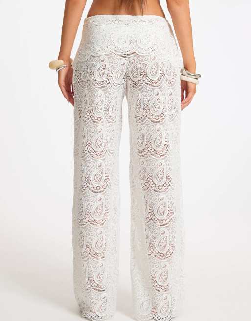 Missyempire Paisley crochet fold over straight leg trouser in white, 4 of 4