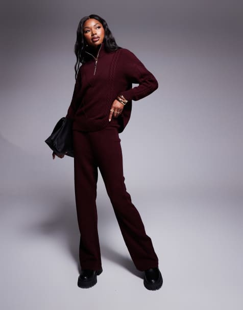 Missyempire - Pantaloni con fondo ampio in maglia bordeaux in coordinato - view 1