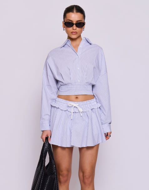 Missyempire Pinstripe cropped shirt in blue - LBLUE - view 1